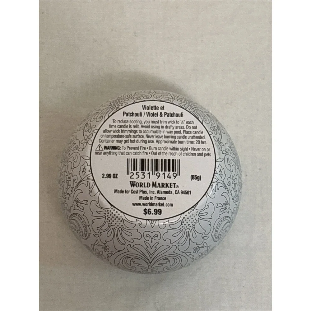 Bougie Parfumee Violet & Patchouli Candle 2.99oz World Market France Tin